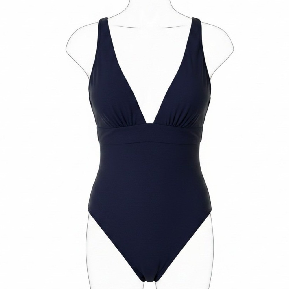 Andie Women One Piece Swimsuit Large‎ Navy Blue Deep V Neck Minimalist Coastal